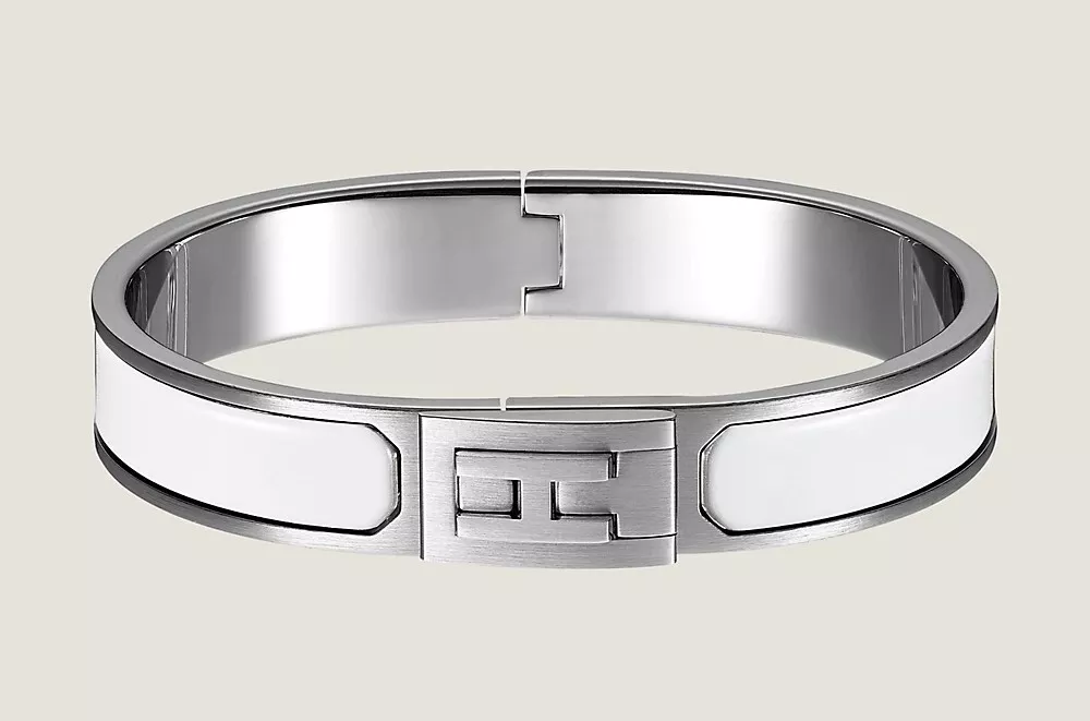 HERMES White Matte Enamel Palladium Plated Jet Narrow Bracelet