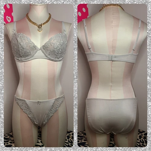 New Vintage Victoria's Secret Desire Embroidered Bra/ Panty Set 34C/sm - Silver