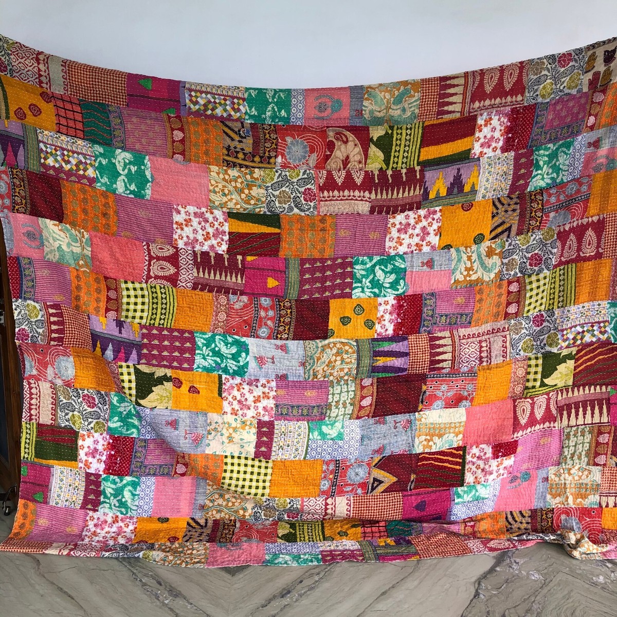 Art Kantha Queen Quilt Boho Vintage Reversible Blanket Cotton Bohemian Throw