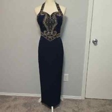 Landa Blue and Gold Embellished Halter Prom Gown