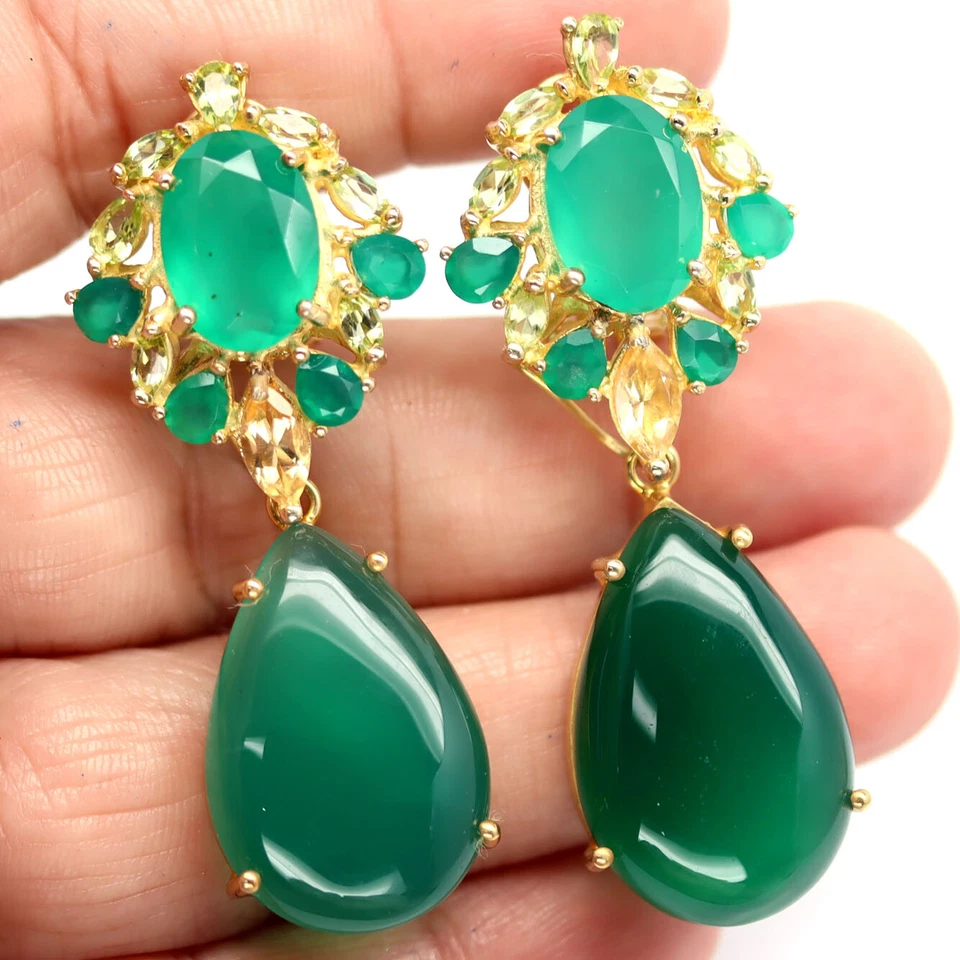 925 Sterlingsilber 18 x 26 Mm. Grüner Achat, Citrin & Peridot Ohrringe - Bild 2 von 4