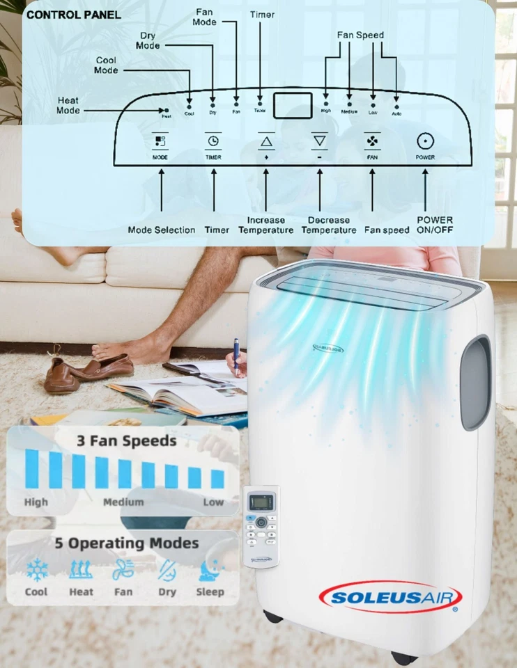 Ventilador de aire acondicionado portátil 12000 BTU, refrigeración y calor y deshumidificador + control remoto Foto 3 de 4