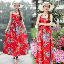 Women Summer Maxi Dress Bohemian Floral Spaghetti Beach Swing Plus Size