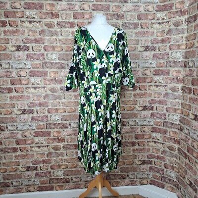 Vintage Tee Kleid 18 20 Panda Print schwarz grün ausgestellt Midi 1/2 Arm