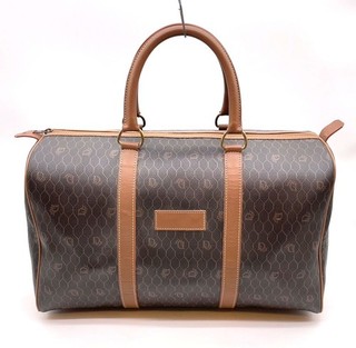 Auth Christian Dior Honeycomb Balck Brown PVC Leather Boston Bag NS081092