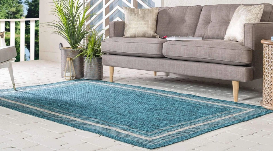 Outdoor Border Collection Area Rug - Soft Border (8'x 11' 4" Rectangle, Teal/... - Image 2 of 4