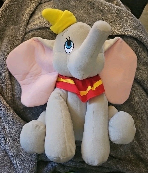 Disney Parks Dumbo Plush Gray Stuffed Animal Yellow Hat Red Collar Sewn Eyes 15”