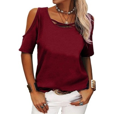 Damen Loose Fit Schulterfreies T-Shirt Sommer Freizeit Oberteil mit Fledermausärmeln