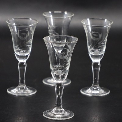 Radio Brand 4pc Set RFG1 liquor Cordial Glass 4 5/8'' Etched Floral Vintage 1960