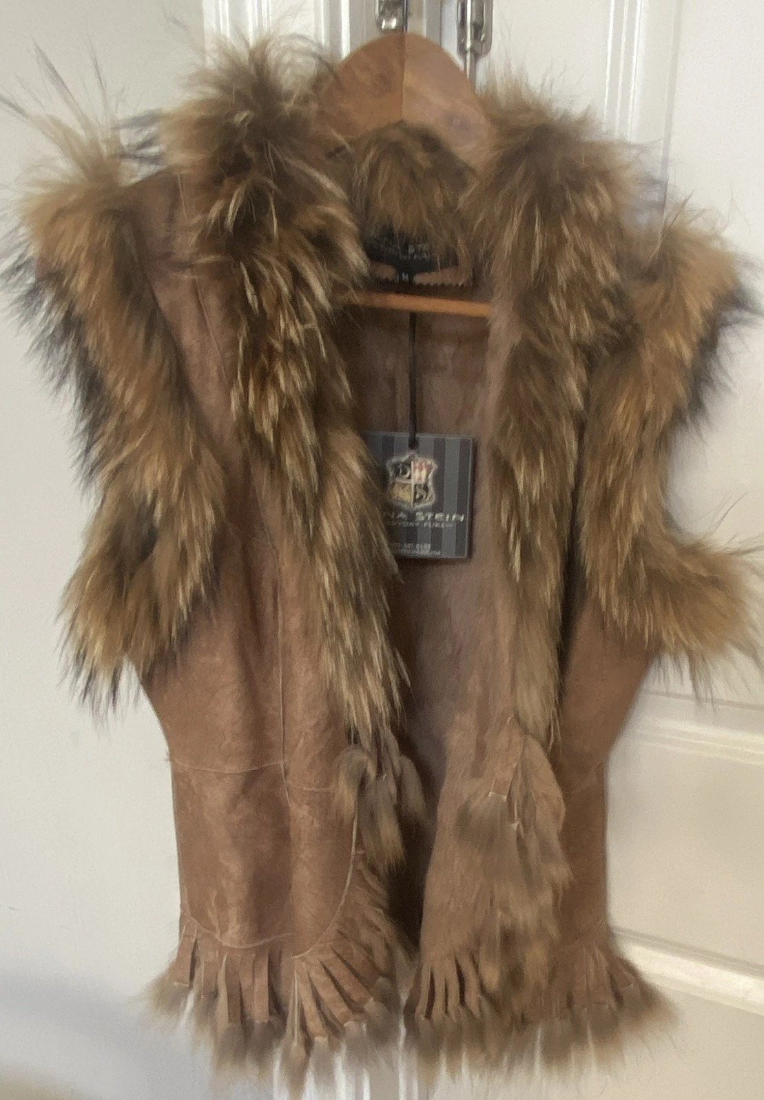 Dana Stein Everyday Furs Beige Rabbit Fur Trim Lined Vest Size M Hook & Eye