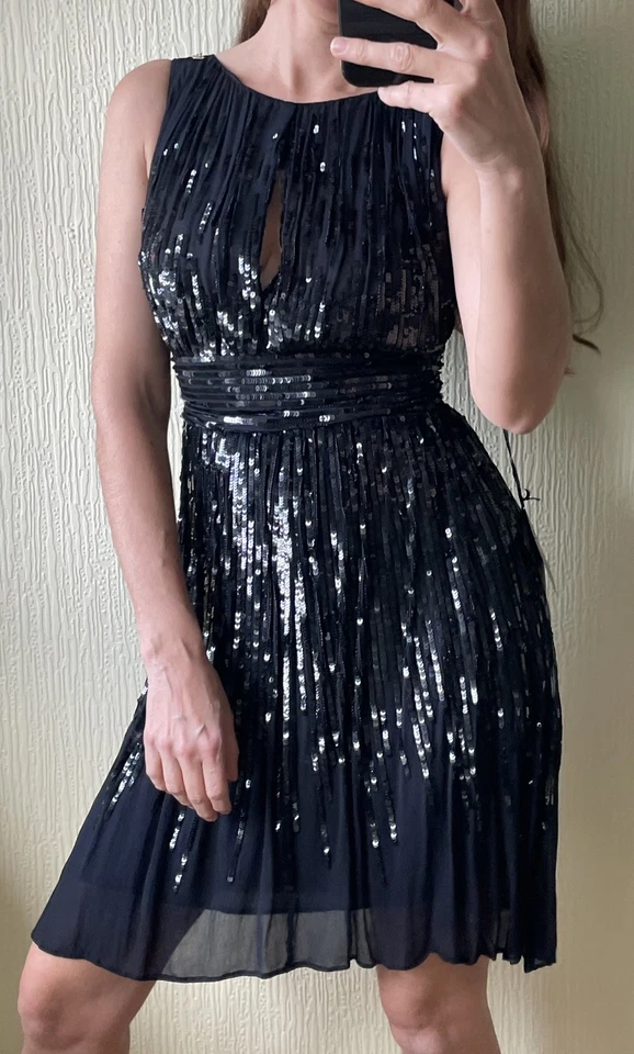 Vestido Elisabetta Franchi Midi Talla 10 S Adornado Con Lentejuelas Flotante Foto 4 de 4