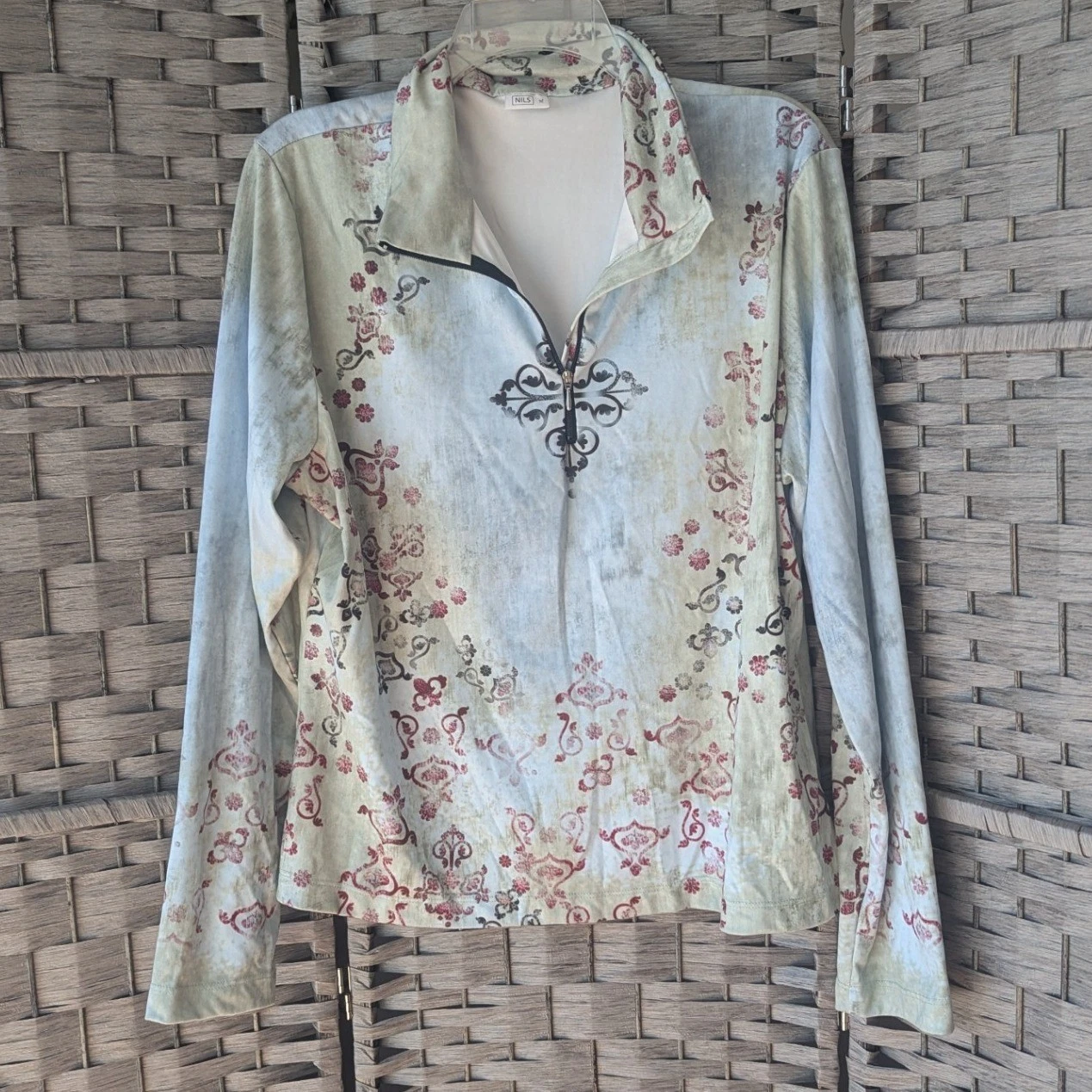 NILS Womens XL Quarter Zip Base Layer Top Distressed Damask Floral Mock Neck