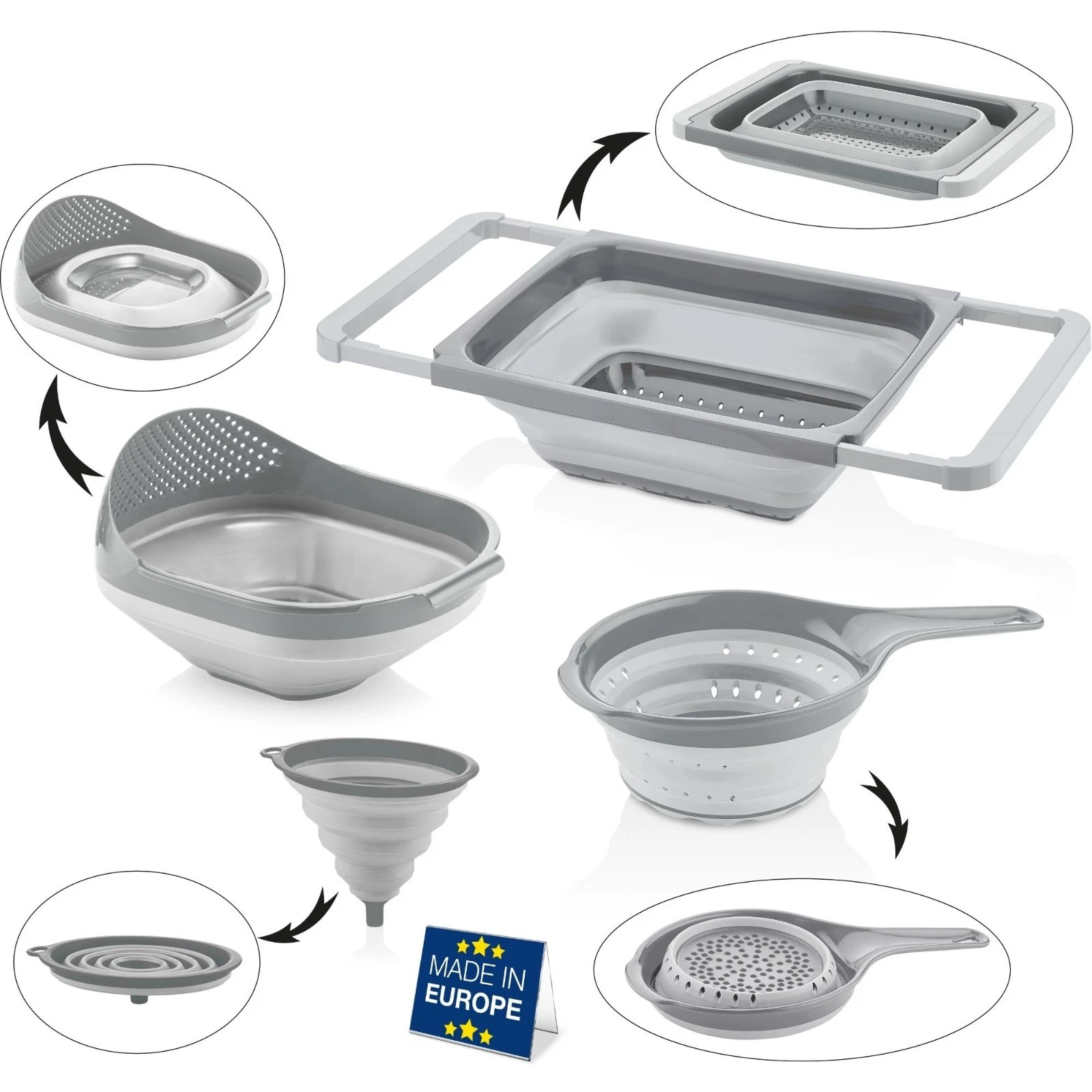 Collapsible 4-Piece Kitchen Set, Colanders, Funnel, Rice Strainer, Space-Saving
Opens in a new windo