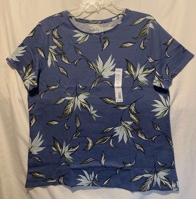 Croft & Barrow XL Blue Tropic Leaves Knit Top, crew neck, short sleeves - NWT
