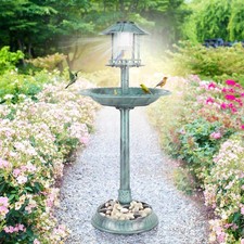 Solar Outdoor Rustic Pedestal Bird Bath with Fillable Planter Base for Garden
