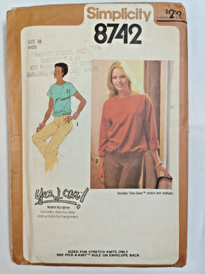 Top Pullover 18 Simplicity 8742 Sewing Pattern Cut VTG Learn Stretch Knit Boat