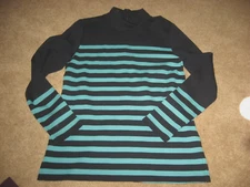 Womens NWOT Navy wTurquoise Strps TALBOTS Stretch Lg Sleeve Knit Top Shirt Small