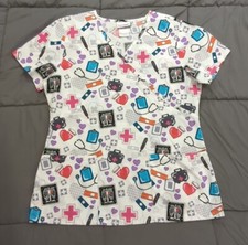 ScrubStar Scrub Top Womens Size Small Nurse Print V Neck Pockets Short Sleeve
