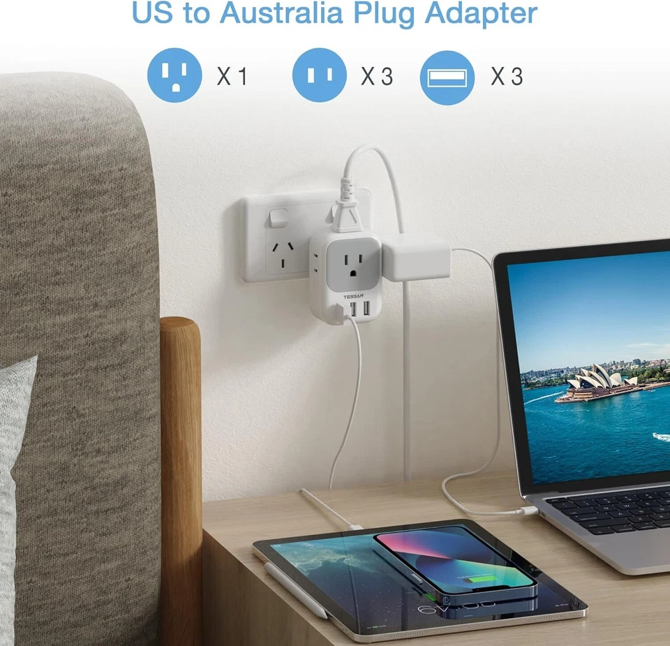 Australia Power Plug Adapter with 4 American Outlet 3 USB for US to New Zealand - Image 2 of 4
