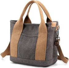 Handbag for Women Small Multi-Pockets, Canvas Mini Tote Shoulder Bags Grey 