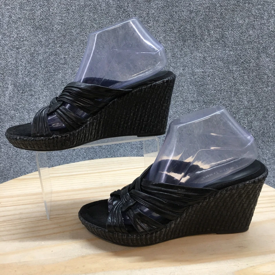 Sandalias Baretraps para mujer 8,5 M Shelee cuña tiras deslizables cuero negro abierto Foto 2 de 4