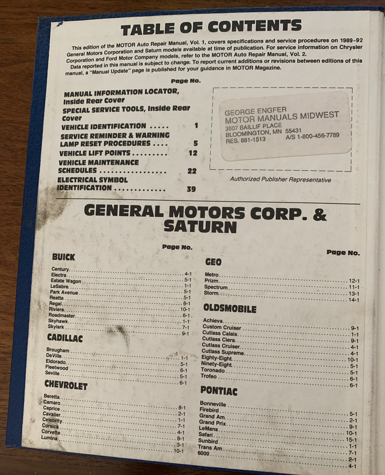 Motor General Motors Auto Repair Manual 19891992 GM Professional