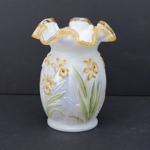 Fenton Vase Honeycrest Iridescent Hand Painted Daffodil 95th Anniversary 5.5"