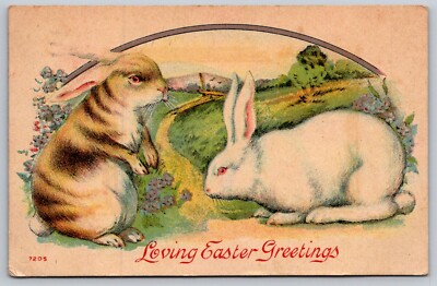 Loving Easter Greetings Postcard Bunnies Bunny Trail Tiger Striped Rabbit