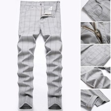Mens Stretchy Straight Pants Plaid Check Trousers Slim Casual Formal Business