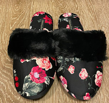 Victoria's Secret Women's Floral Satin Slide Slippers Faux Fur Trim 7-8 NWT