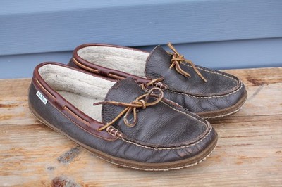 L.L. Bean Men's Moccasin Slippers Brown Leather Moc Toe Shearling Lined Size 10M