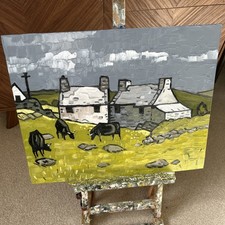 Welsh oil painting - ‘Cottages, Anglesey’ - in the style of Kyffin Williams