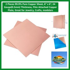 2 Pieces 99.9 Pure Copper Sheet, 6" x 6", 24 Gauge0.5mm Thickness, Film Atta...