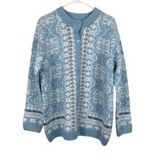 VTG Y2K National Fair Isle Grandma Blue White Knit Cardigan Size 1X Cottagecore