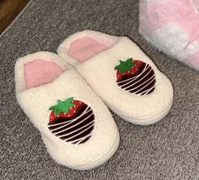 Chocolate Dipped Strawberry Faux Fur Women's Slippers, size 8/9