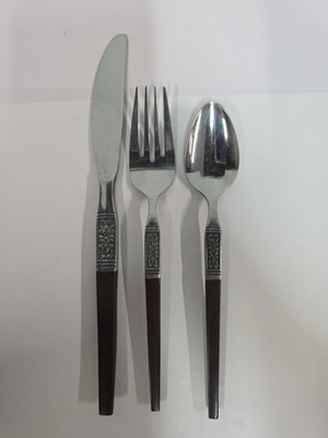 Interpur Wood Handle Stainless Steel Flatware 3 Piece Set Fork Spoon Knife MCM