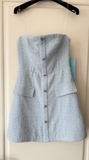 Women’s Light Blue Strapless Tweed Button-Front Pocket Mini Dress