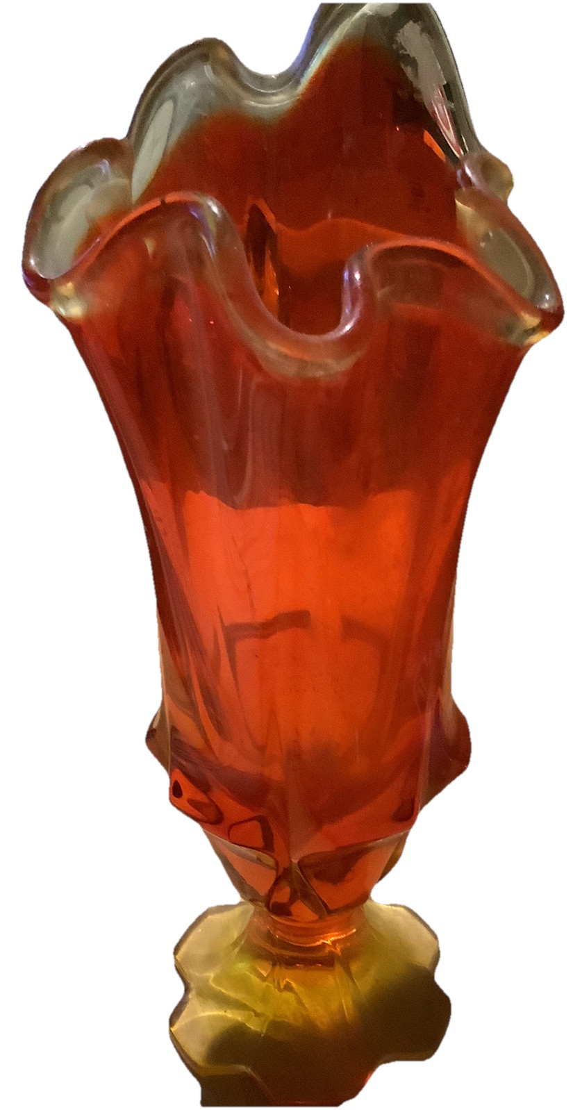 Vintage Fenton MCM Amberina Orange/Red Art Glass Swung Vase