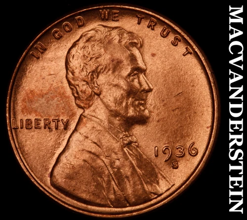 1936-S Lincoln Wheat Cent- Choice Gem Brilliant Uncirculated Luster #J1782