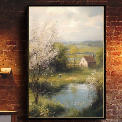 Spring Cottage by the Lake   Blooming Trees Landscape Oil Painting Print Poster