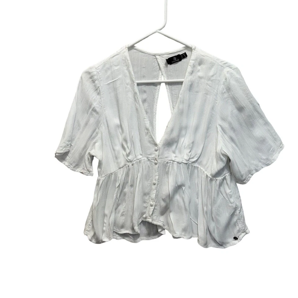 Volcom White Peplum Blouse M Open Back Short Sleeve Viscose Boho Summer Top - Image 3 of 4