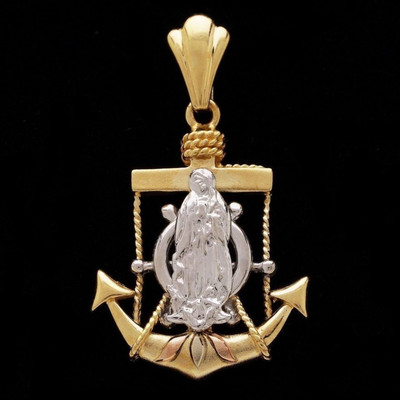 14K Gold Tri-Tone Virgin Mary Cross Anchor Mariner Ship Helm Wheel Pendant