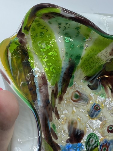 Art Glass Tuti Fruiti Millefiori Metallic Square Dish Folded Edges - Picture 14 of 16