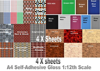 4X Sheets of Self-adhesive Dolls house wallpaper & Flooring Gloss Finsish 1:12th
