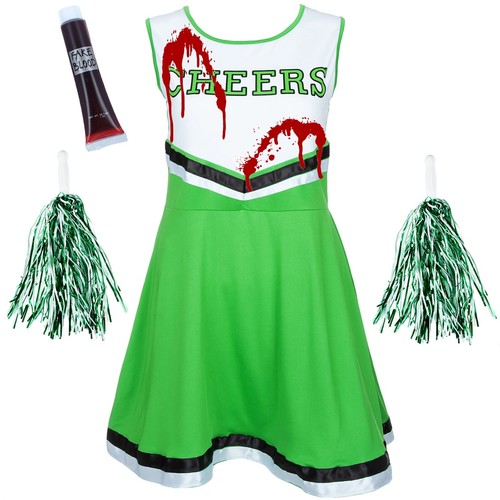 ZOMBIE CHEERLEADER FANCY DRESS HALLOWEEN ADULT BLOOD VAMPIRE COSTUME + POM POMS - Picture 32 of 45