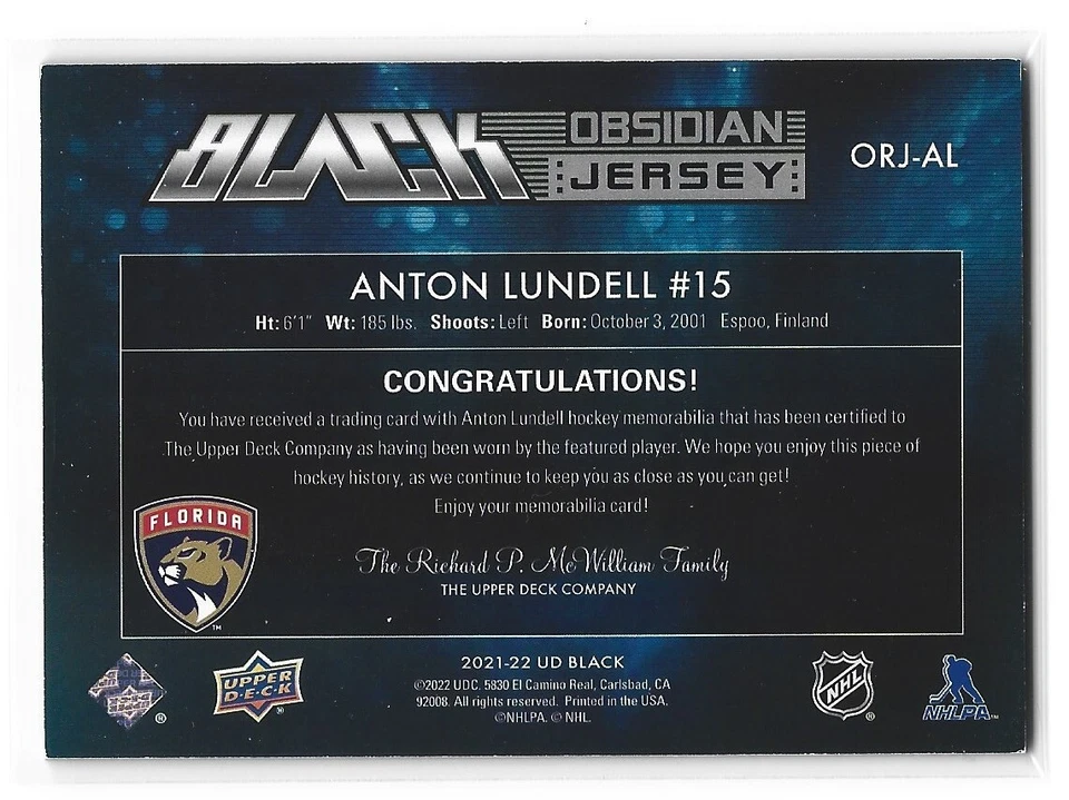 2021-22 UD Black Anton Lundell Obsidian Rookie Jersey #ORJAL 264/399 - Image 2 of 2