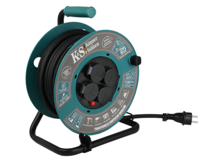 KS CR-25M Verlängerungskabel-Trommel – 25 M, IP44, 4 Steckdosen, Mit Gummigriff & Kabelhalter