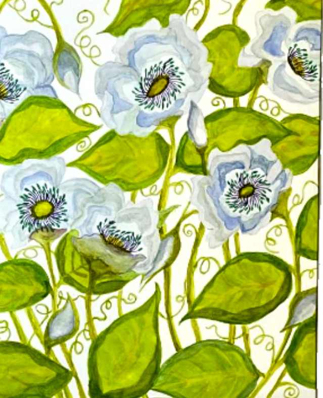 PAINTING WATERCOLOR ART CLEMATIS FLOWERS PURPLE BLUE GREEN 8x10 MAT 16X20