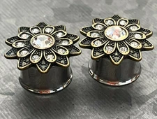 PAIR Antique Gold Plated Tribal Flower w/ Gems Steel Double Flare Tunnels Plugs