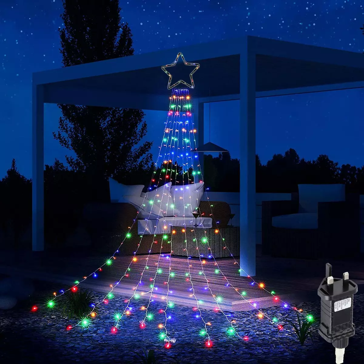 320 LED MULTI COLOURED STAR WATERFALL LIGHT CHRISTMAS TREE HANGING FAIRY LIGHTS